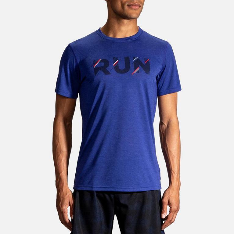 Brooks DISTANCE GRAPHIC Short Sleeve Running Shirt Mens Canada - Blue (GTA157482)